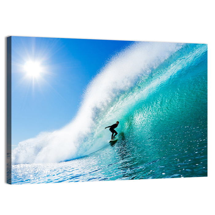 Surfer Inside Blue Barrel Wave Wall Art as a canvas print