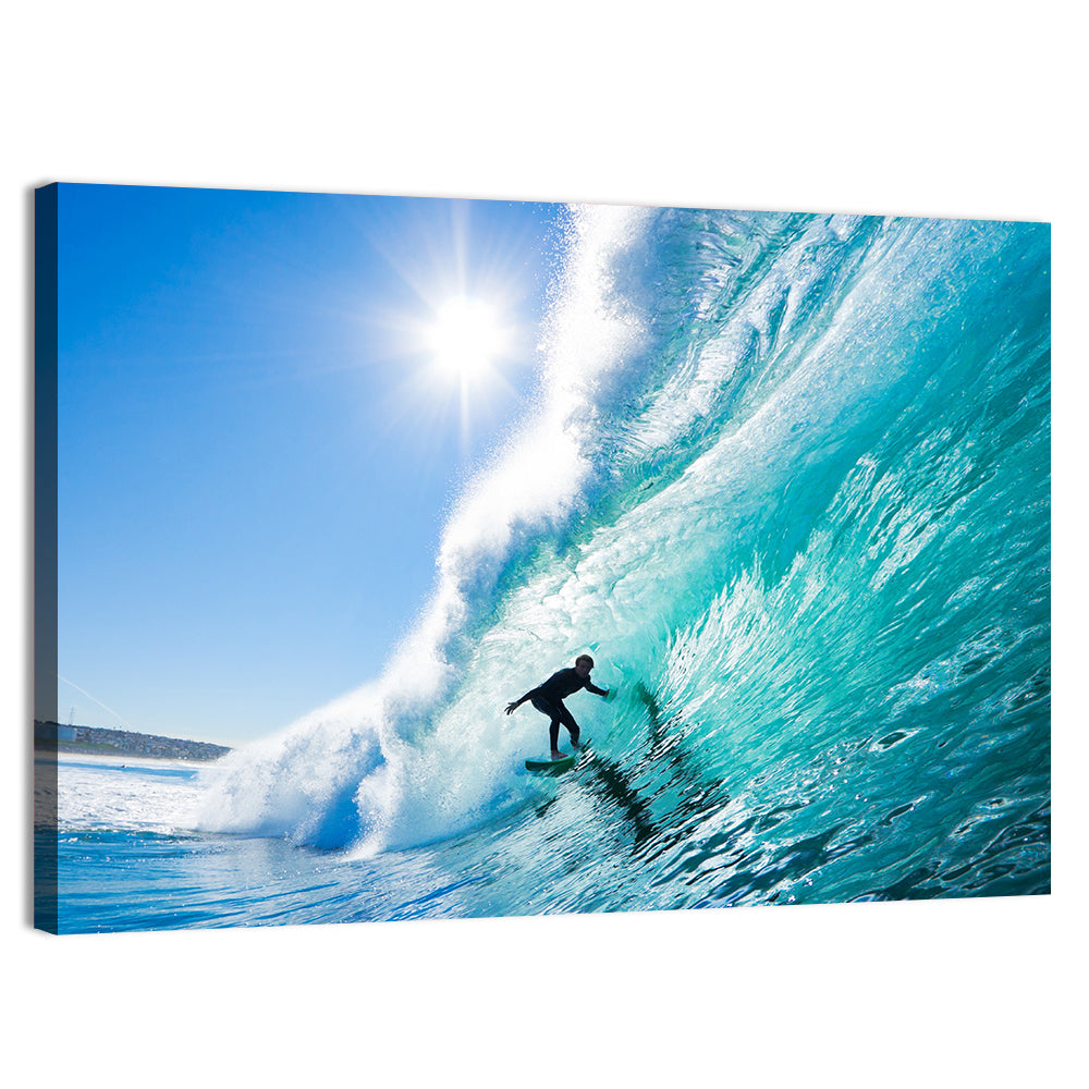 Sunlit Blue Wave with Surfer Wall Art, canvas print, landscape