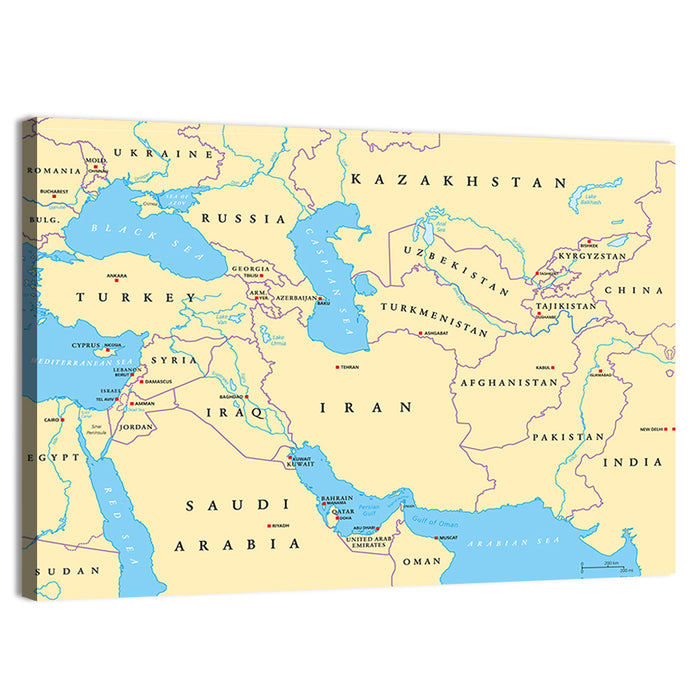 Southwest Asia Political Map, Cartographic Wall Art as a canvas print