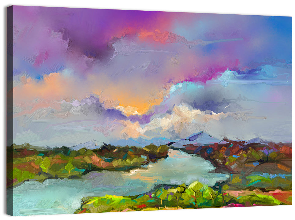 Sunset River and Meadow Abstraction Wall Art, canvas print, landscape