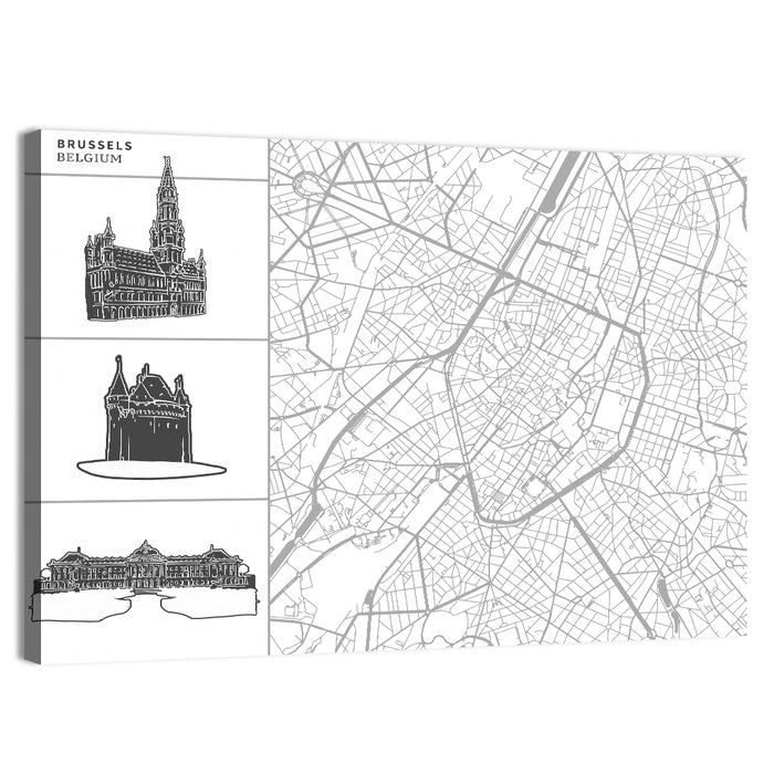 Brussels Map with Architectural Icons Wall Art as a canvas print
