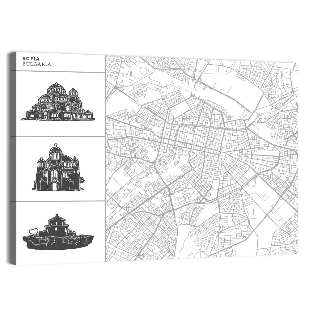 Sofia Map with Cathedral Illustrations Wall Art, canvas print, landscape