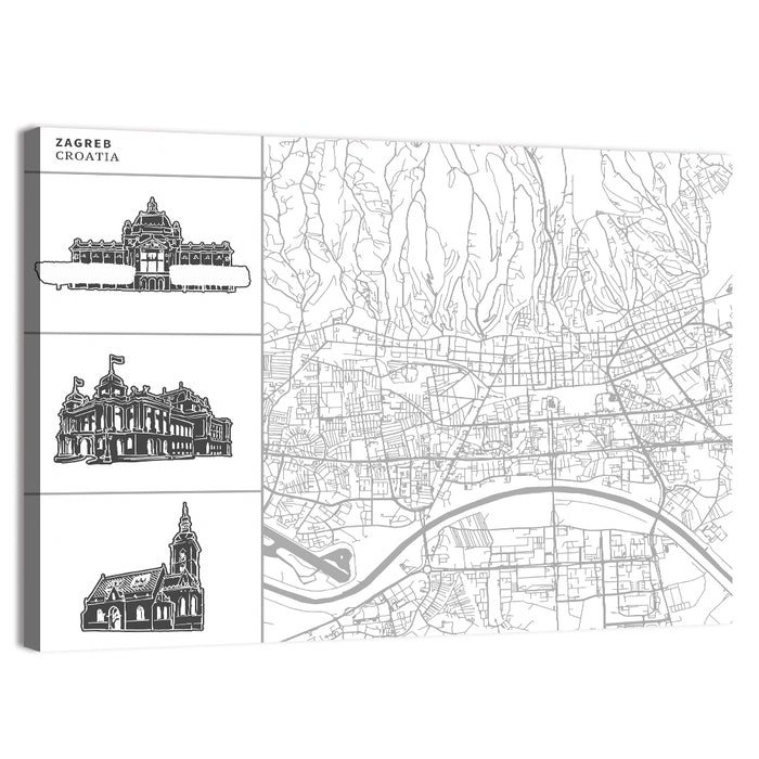 Zagreb Architectural Map Wall Art as a canvas print