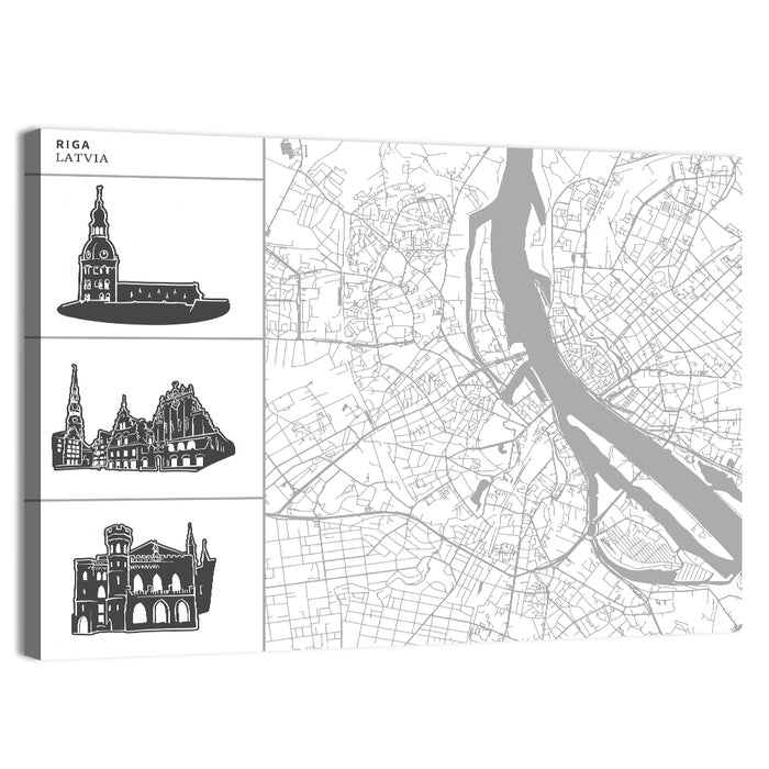 Riga Map with Cathedral Silhouettes Wall Art as a canvas print