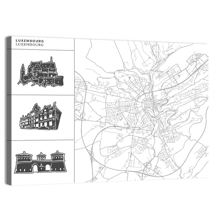 Luxembourg City Map with Landmark Sketches Wall Art as a canvas print