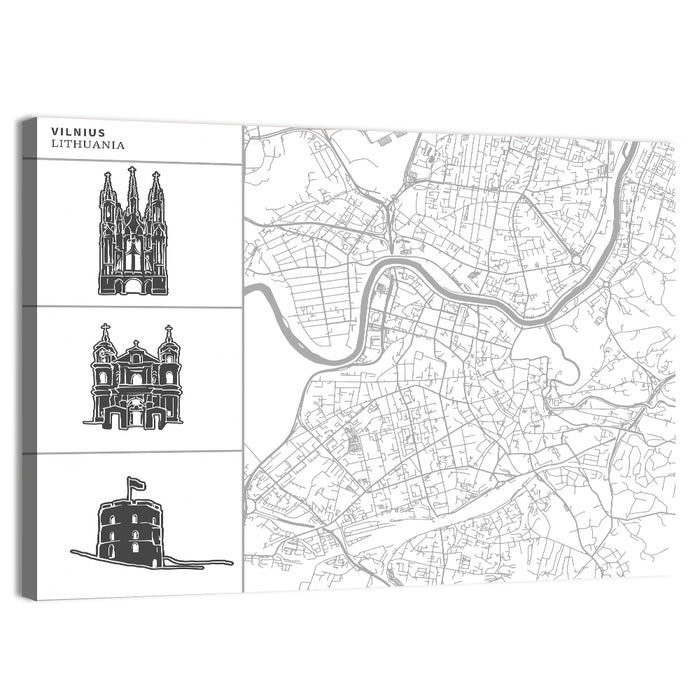 Vilnius Map with Architectural Sketches Wall Art as a canvas print