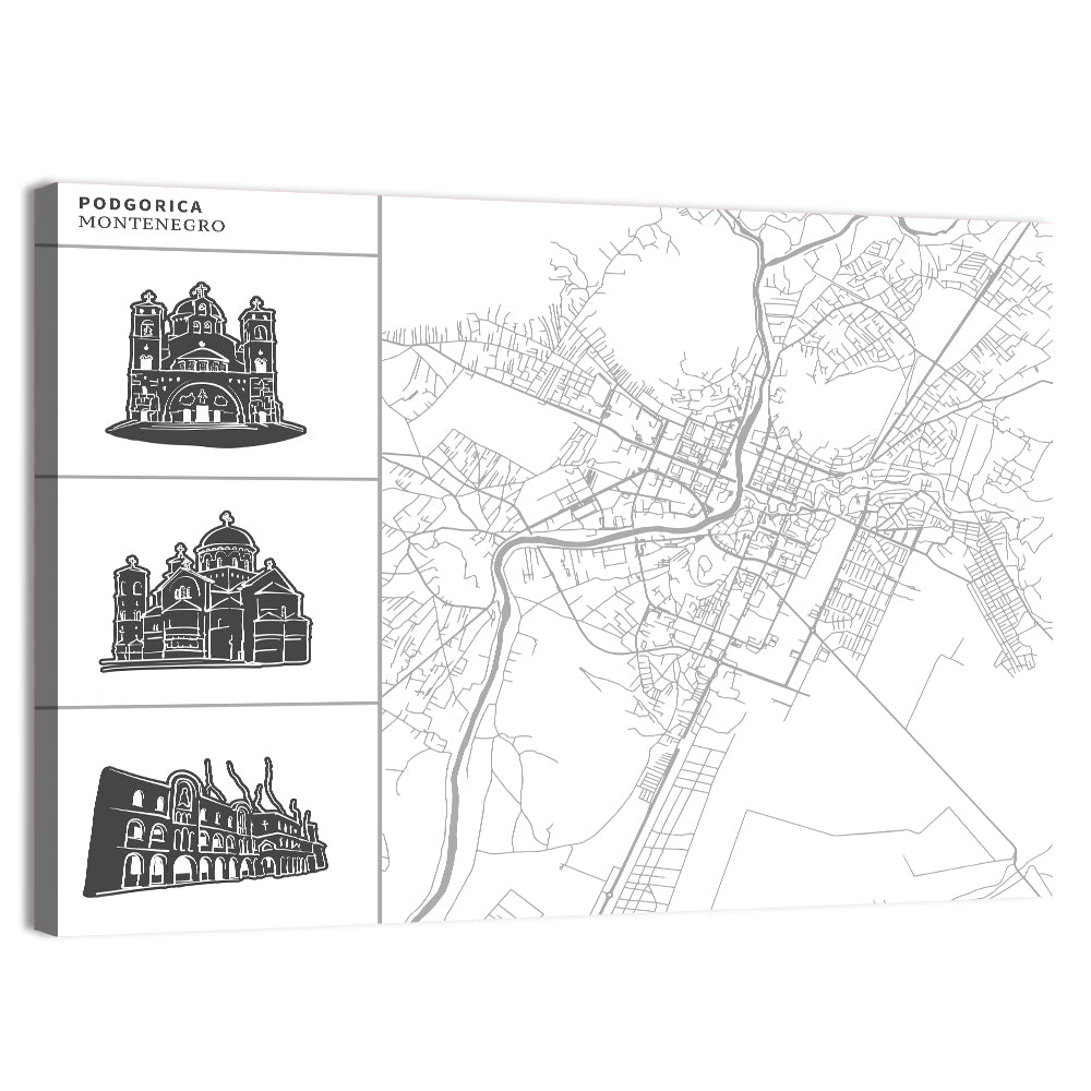 Podgorica Architectural City Map Wall Art, canvas print, landscape