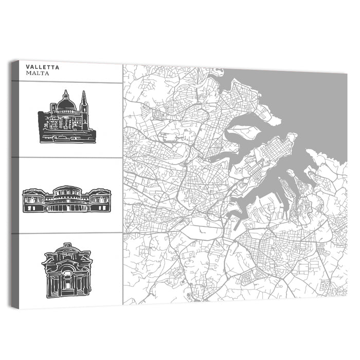 Valletta Street Map with Landmarks Wall Art as a canvas print