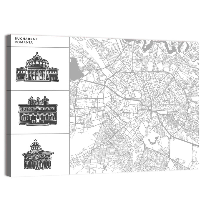 Bucharest City Map with Architectural Sidebar Wall Art as a canvas print