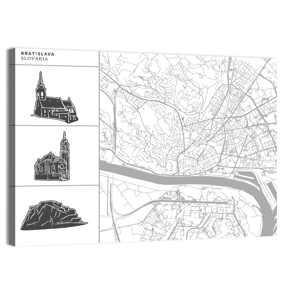 Bratislava Map with Castle and Cathedral Silhouettes Wall Art, canvas print, landscape
