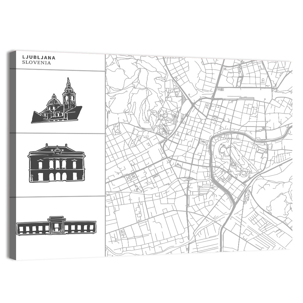 Ljubljana Map with Cathedral Silhouettes Wall Art, canvas print, landscape