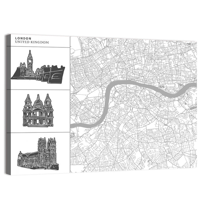 London Map with Landmark Silhouettes Wall Art as a canvas print