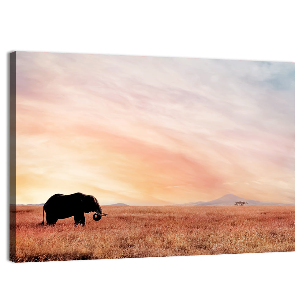 Elephant In Savannah Sunset Wall Art