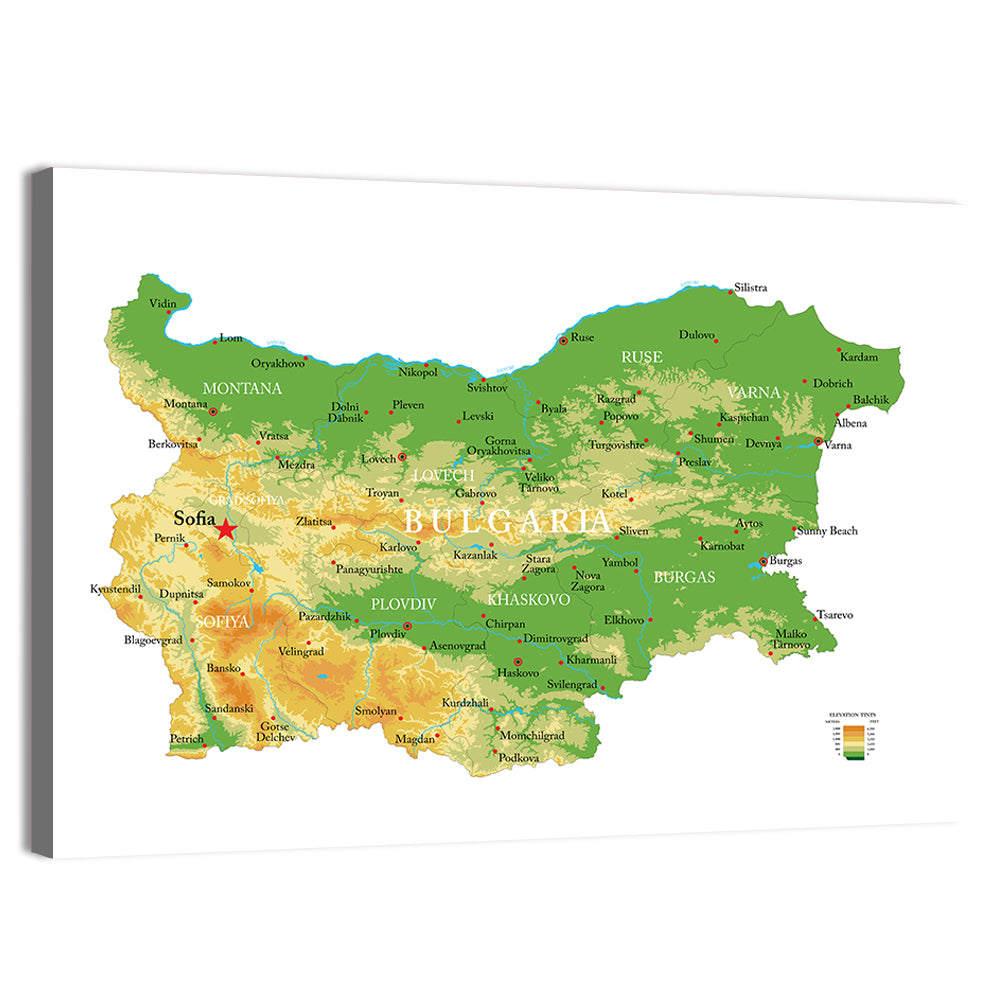 Bulgaria Physical Map Wall Art