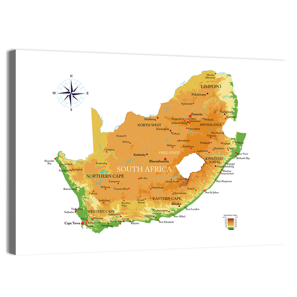 South Africa Physical Map Wall Art, canvas print, landscape