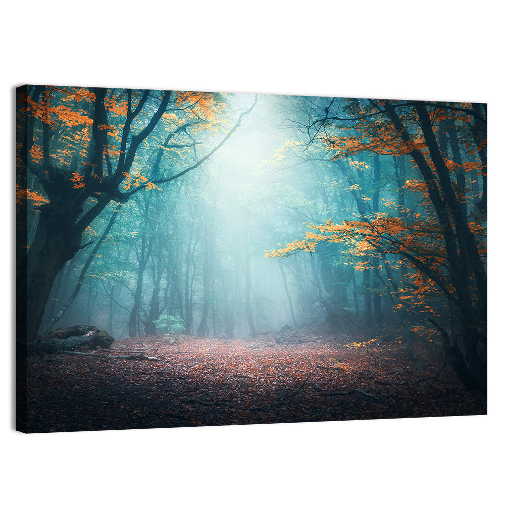 Misty Forest Path with Glowing Light Wall Art, canvas print, landscape