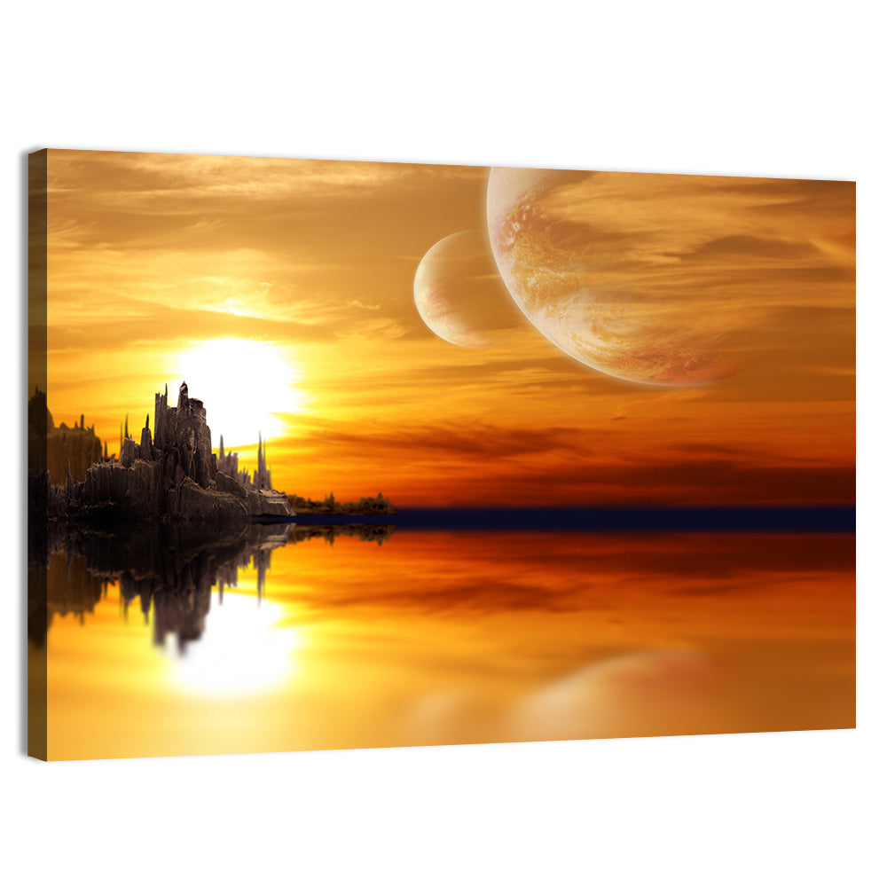 Twin Moons Over Alien Castle Wall Art, canvas print, landscape
