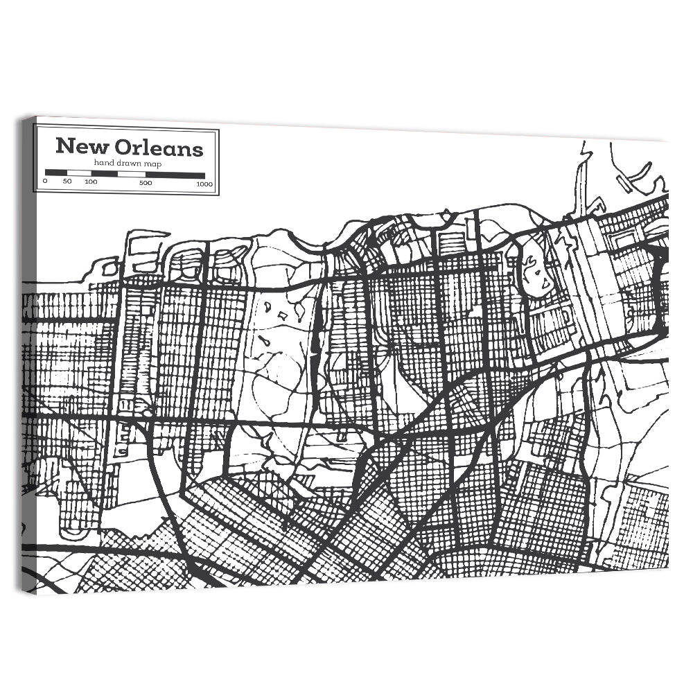 New Orleans Hand-drawn Map Wall Art, canvas print, landscape