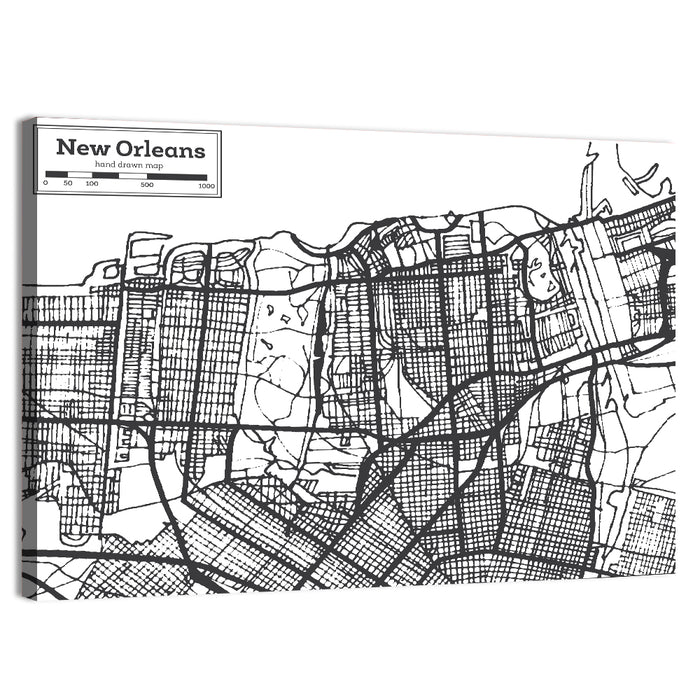 New Orleans Hand-drawn Map Wall Art as a canvas print