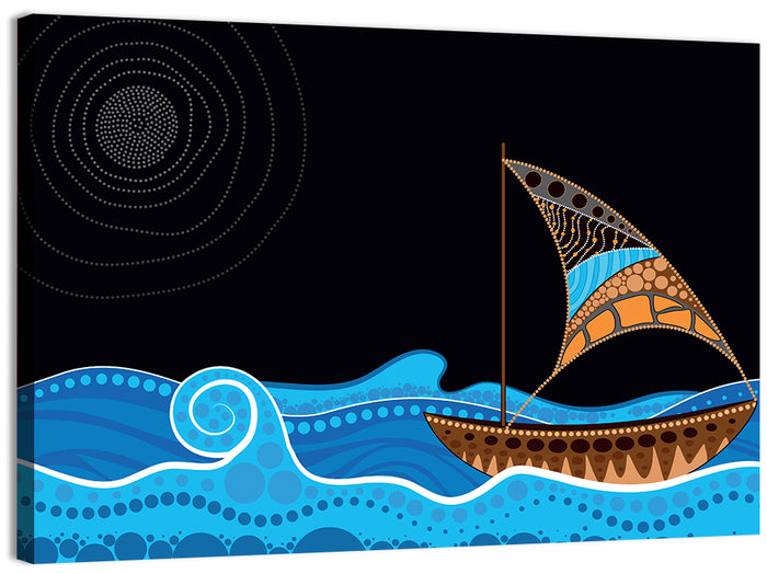 Moonlit Dotted Sailboat Illustration Wall Art as a canvas print