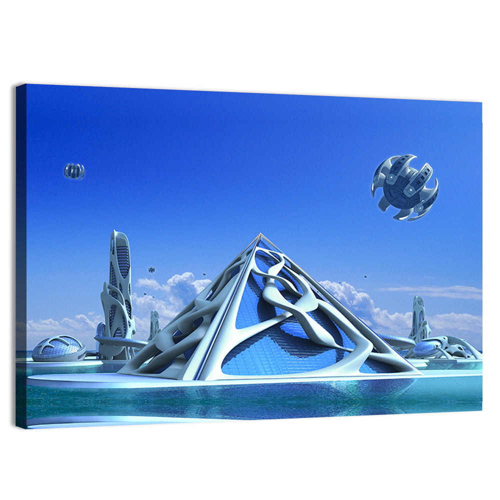 Futuristic Glass Pyramid City Wall Art, canvas print, landscape