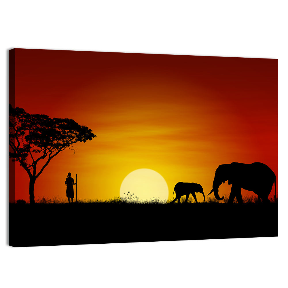 Massai Warrior and Elephants at Sunset Wall Art, canvas print, landscape