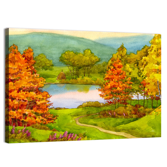 Autumn Lake with Winding Path Wall Art as a canvas print