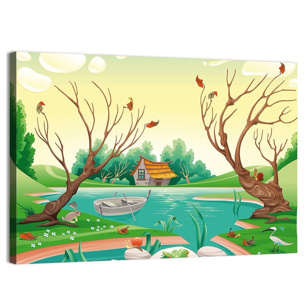 Thatched Village by the Lake Wall Art, canvas print, landscape