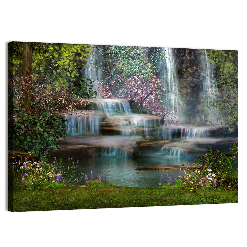 Multi-tier Jungle Waterfall with Pink Blossoms Wall Art, canvas print, landscape
