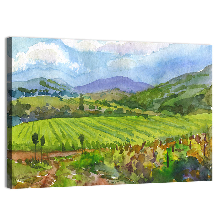 Countryside Vineyard Watercolor Wall Art as a canvas print