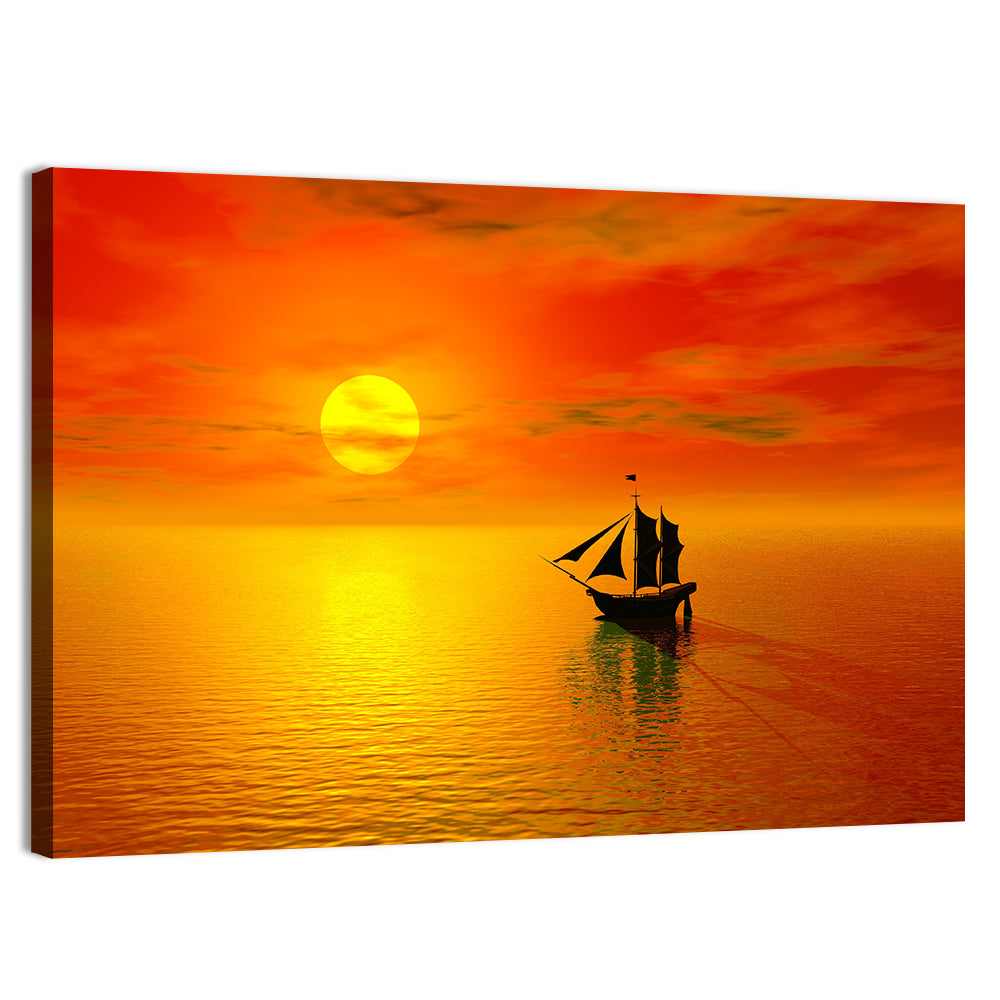 Old Sailboat Silhouette at Sunset Wall Art, canvas print, landscape