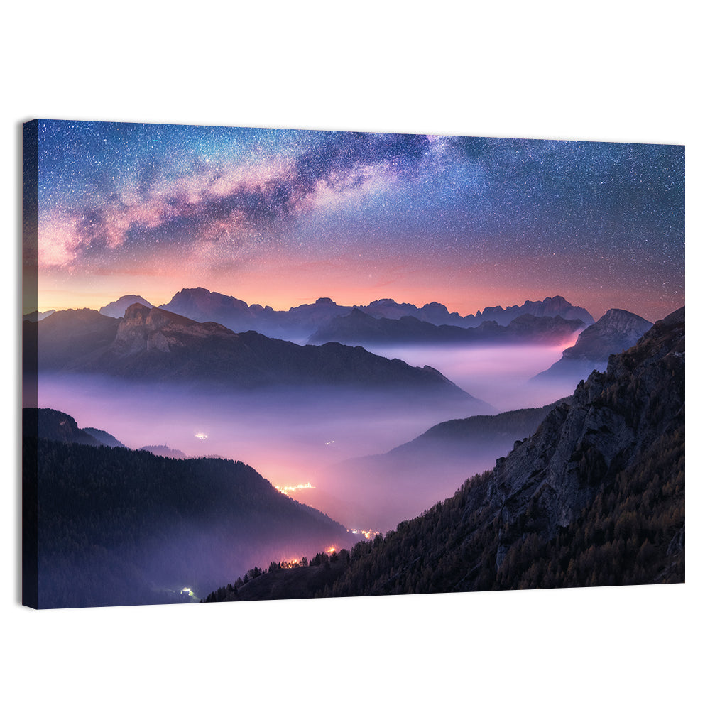 Misty Italian Mountains Under the Milky Way Wall Art, canvas print, landscape