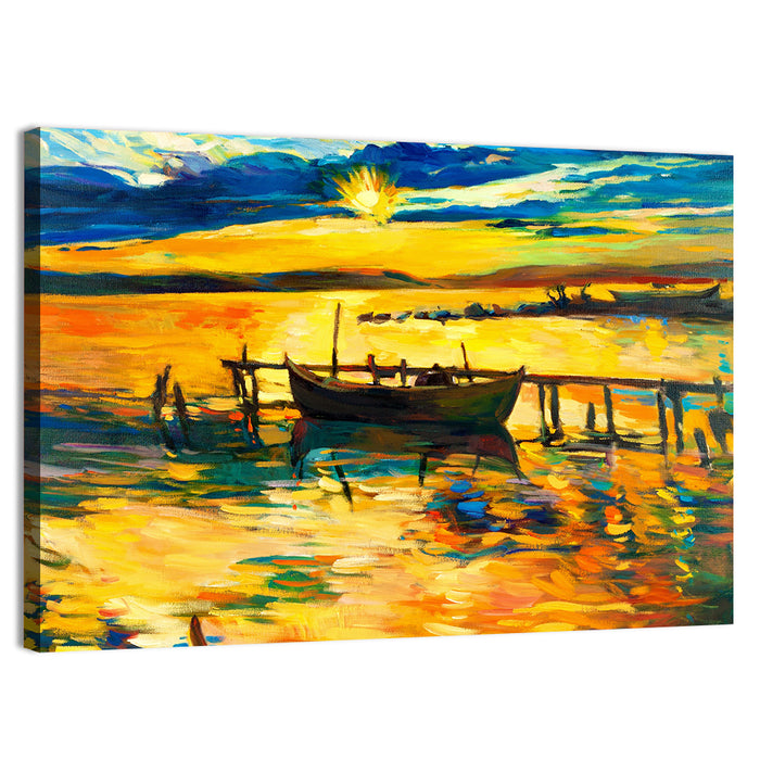 Sunset Boat at Jetty Oil Painting Wall Art as a canvas print