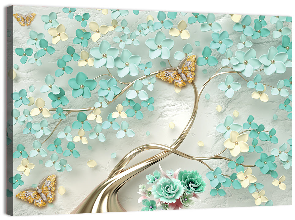 Teal and Gold Floral Abstraction Wall Art, canvas print, landscape