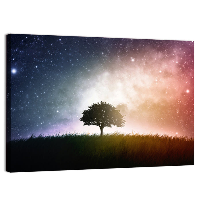 Tree Silhouette Under Nebula Sky Wall Art as a canvas print