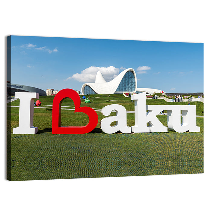 I Love Baku Sculpture at Heydar Aliyev Center Wall Art as a canvas print