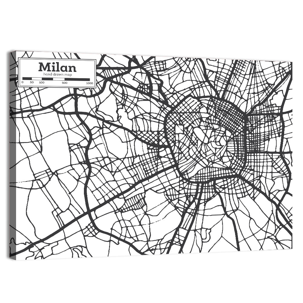 Milan City Map Monochrome Wall Art, canvas print, landscape