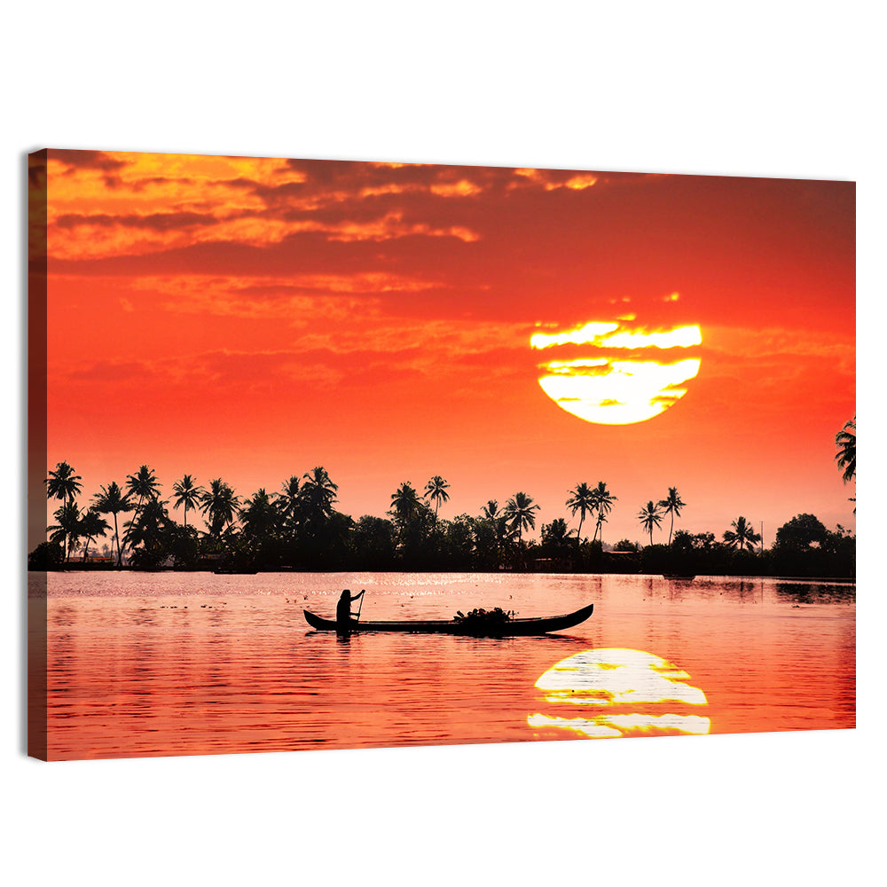 Boat and Fisherman Silhouette Wall Art, canvas print, landscape