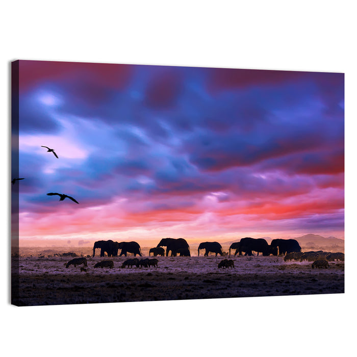 Elephants at Savannah Sunset Wall Art as a canvas print