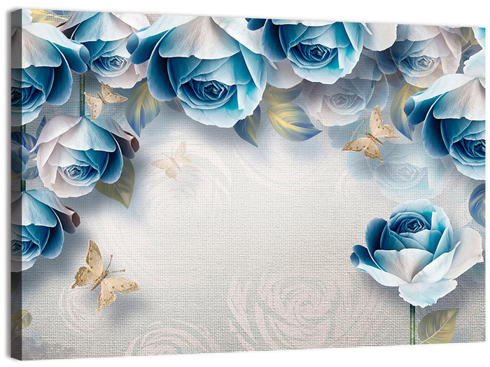 Blue Rose Border with Gold Butterflies Wall Art as a canvas print