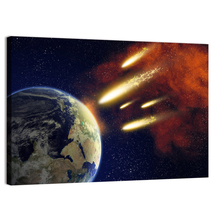 Earth and Flying Asteroids Wall Art as a canvas print