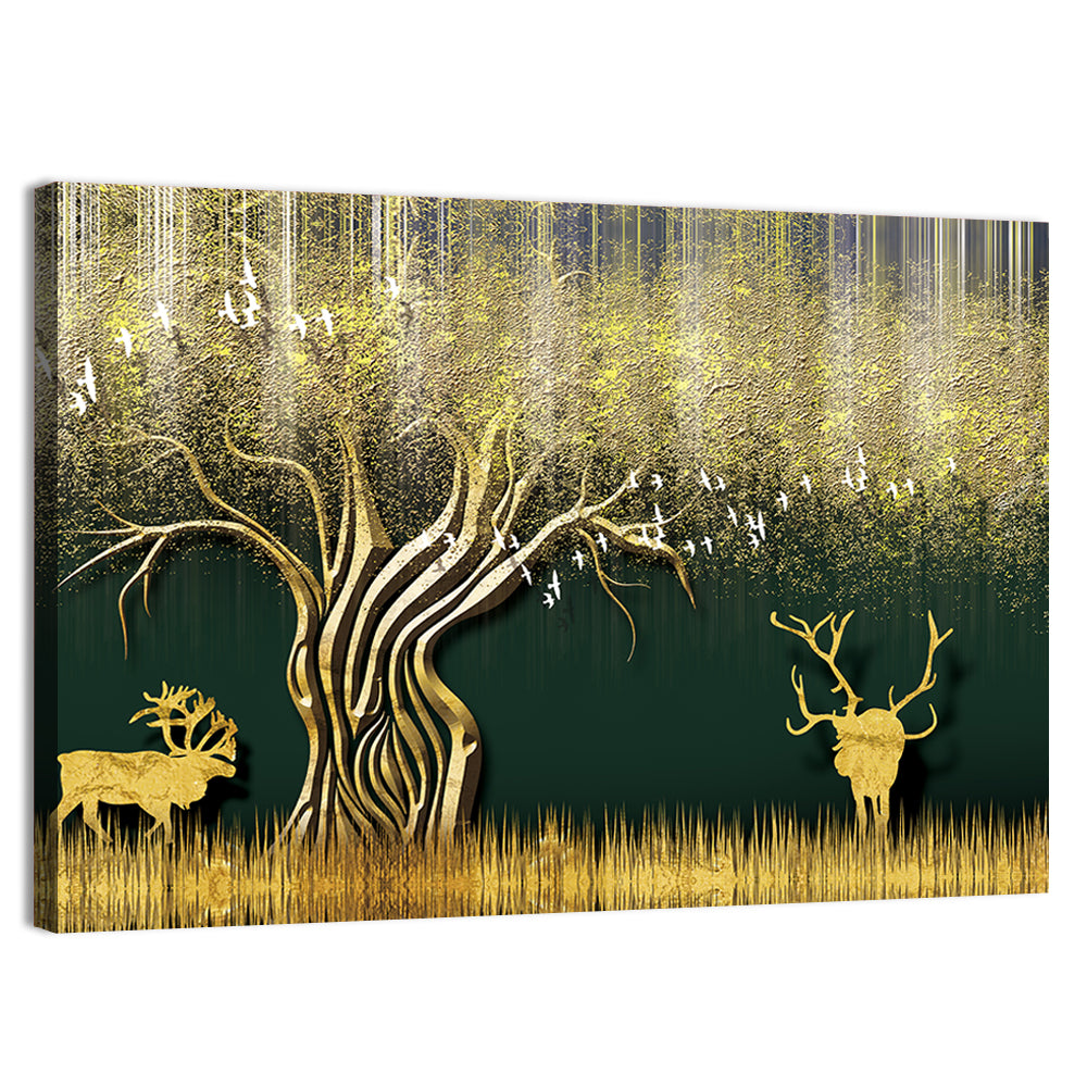 Golden Jungle Deer Scene Wall Art, canvas print, landscape
