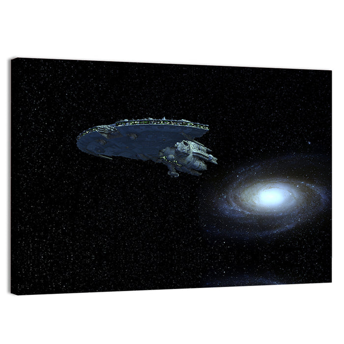 Starship Over Spiral Galaxy Wall Art as a canvas print