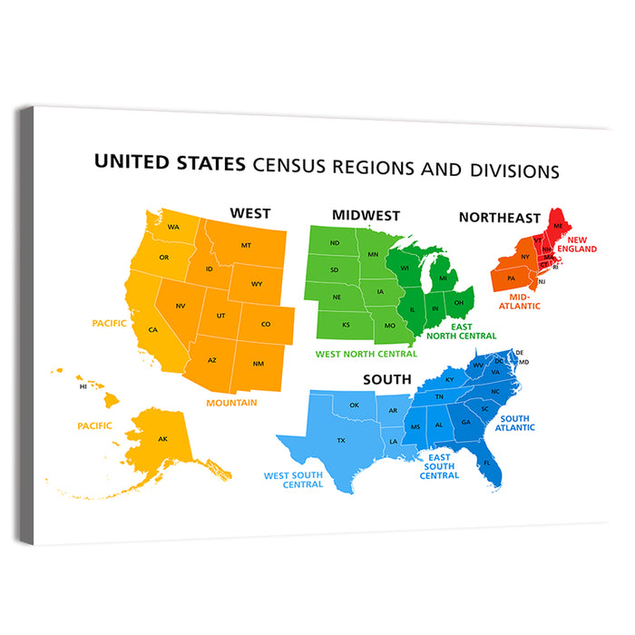 United States Census Regions Map Wall Art as a canvas print