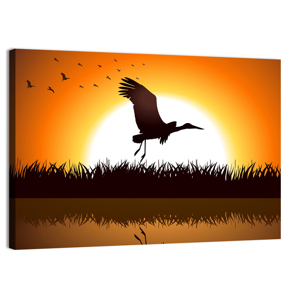Stork Silhouette at Sunset Wall Art, canvas print, landscape