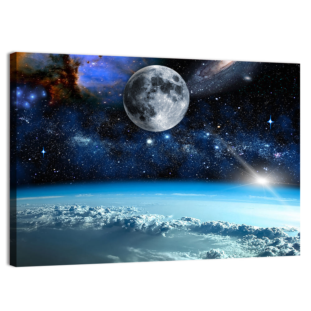 Earth and Moon Over Clouds Wall Art, canvas print, landscape