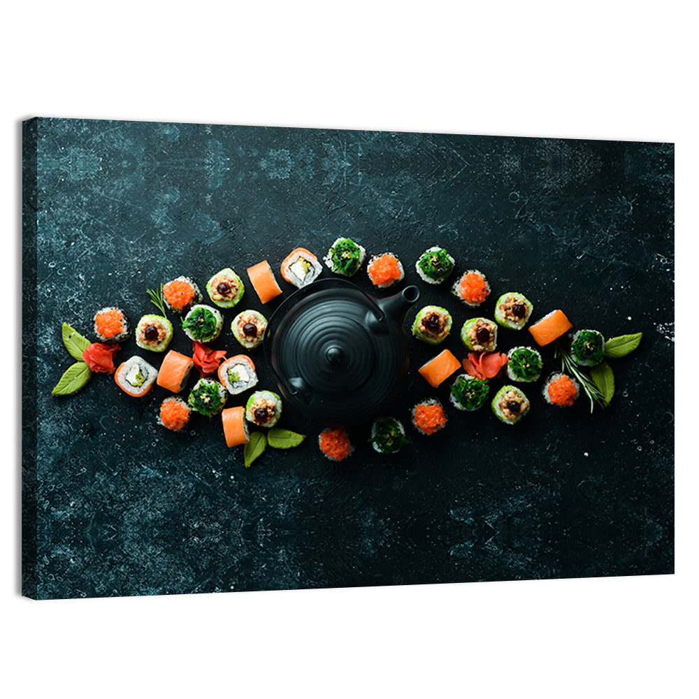 Sushi and Teapot Flat Lay Wall Art, canvas print, landscape