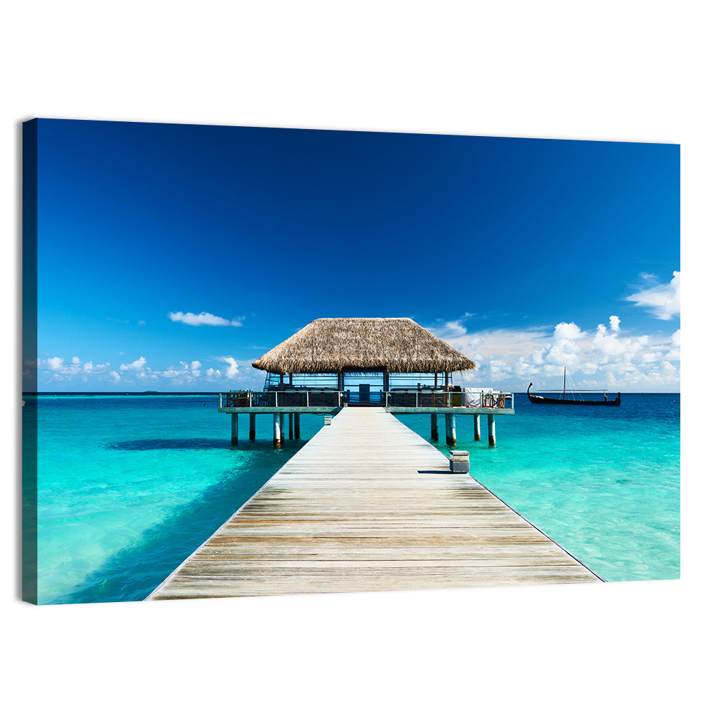 Maldives Wooden Jetty Over Turquoise Water Wall Art, canvas print, landscape
