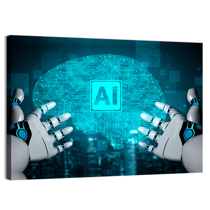 Glowing Ai Brain with Robotic Hands Wall Art as a canvas print