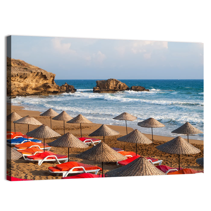 Straw Umbrellas on Sunny Beach Wall Art as a canvas print